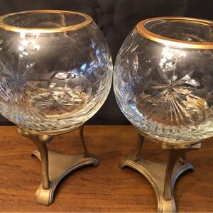 Vintage Glass Crystal Globe Candle Holders with Gold Trim (Set of 2)